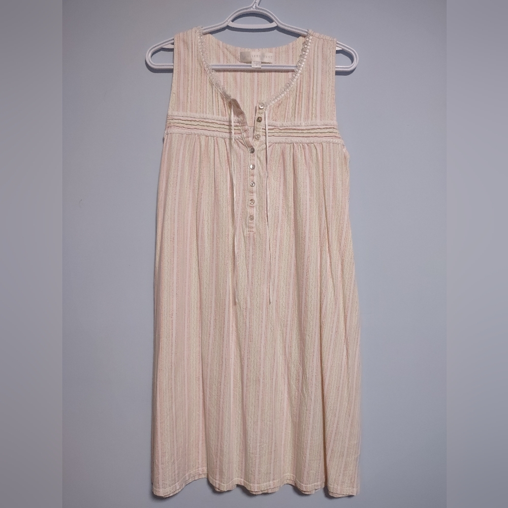 EILEEN WEST Striped Short Night Gown S Cottage Pink White Green Lace Small